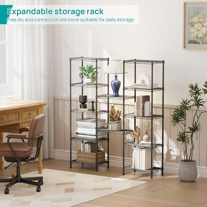 SINGAYE Metal Shelves Wire Shelving Storage Standing Adjustable Shelf Unit | 6 Tier Mesh Units Shelf for Kitchen Laundry Bathroom Closet Organizers Pantry Narrow Home Rack 10" D x 16" W x 63" H Black