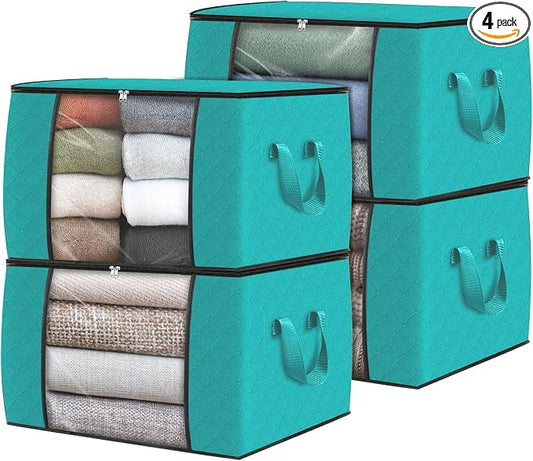 Fab totes Storage Bags,Clothes Blanket Storage Bins Foldable Closet Organizers with Reinforced Handle for Home Dorm Storage and Organization,Fabric Bags for Organizing Sheets,Clothing (Green,4 Pack)