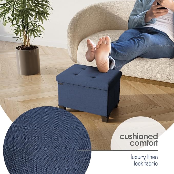 Storage Ottoman Cube with Small Bin, 16-in Square Ottoman with Storage for Living Room and Bedroom, Small Ottomans Foot Rest, Fabric Foot Stools Ottomans Max 330lbs, Blue