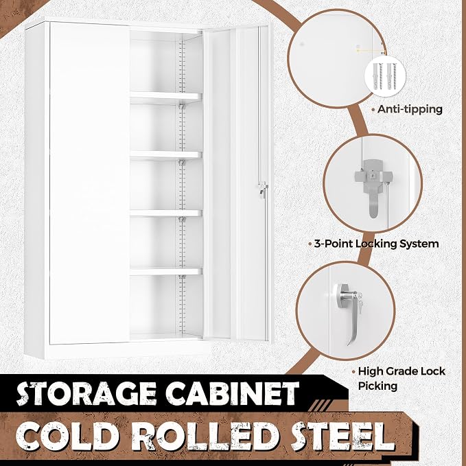 INTERGREAT Metal Lockable Storage Cabinet, 72” H Storage Cabinets with 2 Doors and 4 Adjustable Shelves for Office, Home, Garage, Pantry (Assembly Required, White)