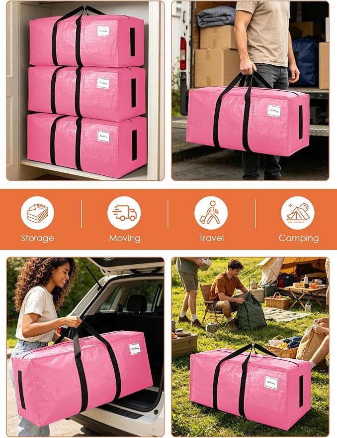SWEET DOLPHIN 12 Pack 200LB Heavy-Duty Moving Bags with Wrap-Around Handles, Extra Large Storage Totes for Space Saving, Clothes Storage Bags, College Dorm Essentials, Pink, 24 Gal