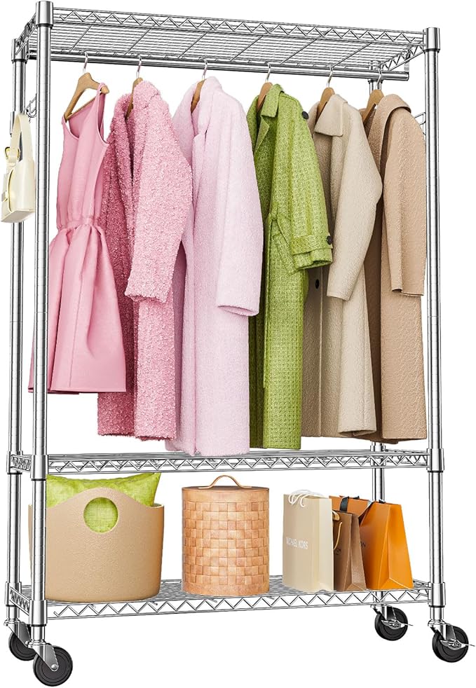 M MZG Heavy Duty Rolling Garment Rack 3 Tiers Adjustable Wire Shelving Clothes Rack with 1 Rods and Side Hooks,Storage Closet Clothing Rack with Wheels Chrome 15.7" D x 45.3" W x 75.6" H