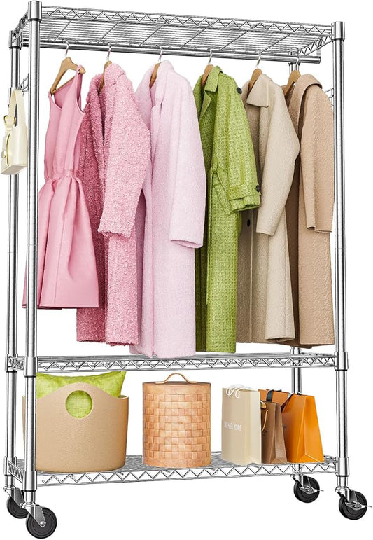 M MZG Heavy Duty Rolling Garment Rack 3 Tiers Adjustable Wire Shelving Clothes Rack with 1 Rods and Side Hooks,Storage Closet Clothing Rack with Wheels Chrome 15.7" D x 45.3" W x 75.6" H