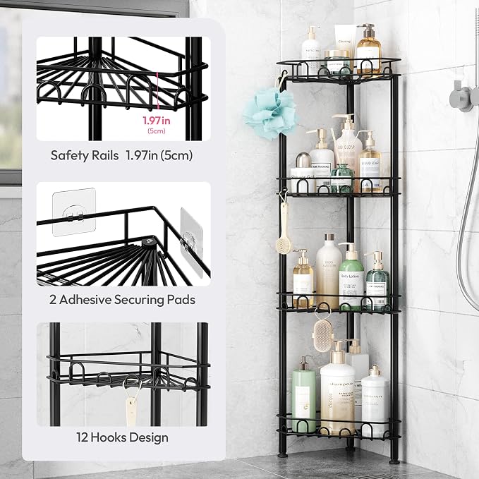 SWTYMIKI Standing Shower Caddy Corner - 4‑Tier Stainless Steel Shower Organizer Shelf with 16 Hooks and Adhesive Pads, Rustproof Corner Shelves Stand Rack for Bathroom Shower Room, Black