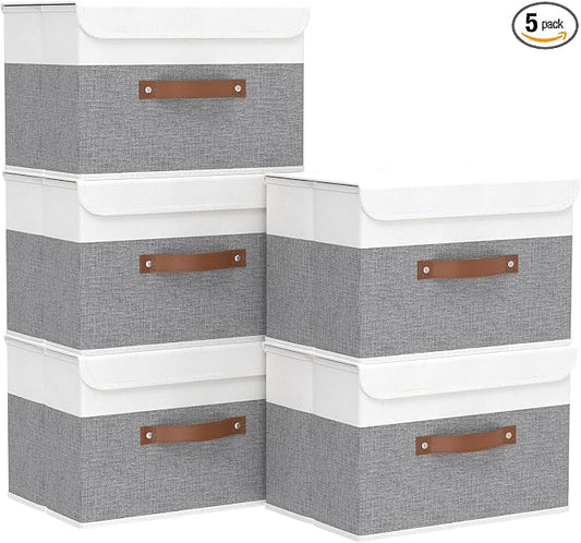 Yawinhe Storage Bins with Lids,White/Grey,17.7x11.8x11.8in,5-Pack | Fabric Container with Leather Handle,Washable Home Basket, Clothes Blanket Storage Boxes,Collapsible Closet Organizer