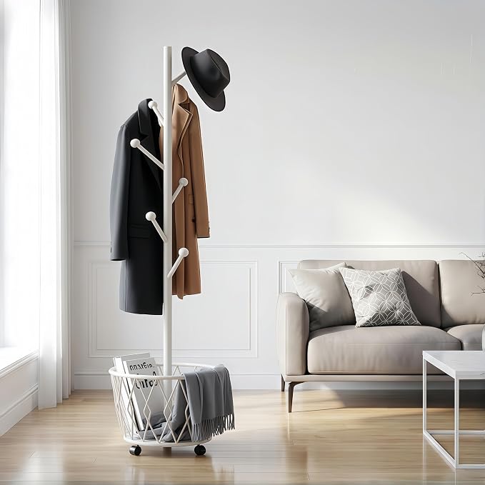 Off-White Moveable Tree Metal Coat Rack with Basket Freestanding 65" | Organizer for Scarf Jacket Hat Bags Ideal for Home Entryway Bedroom Corner Stable