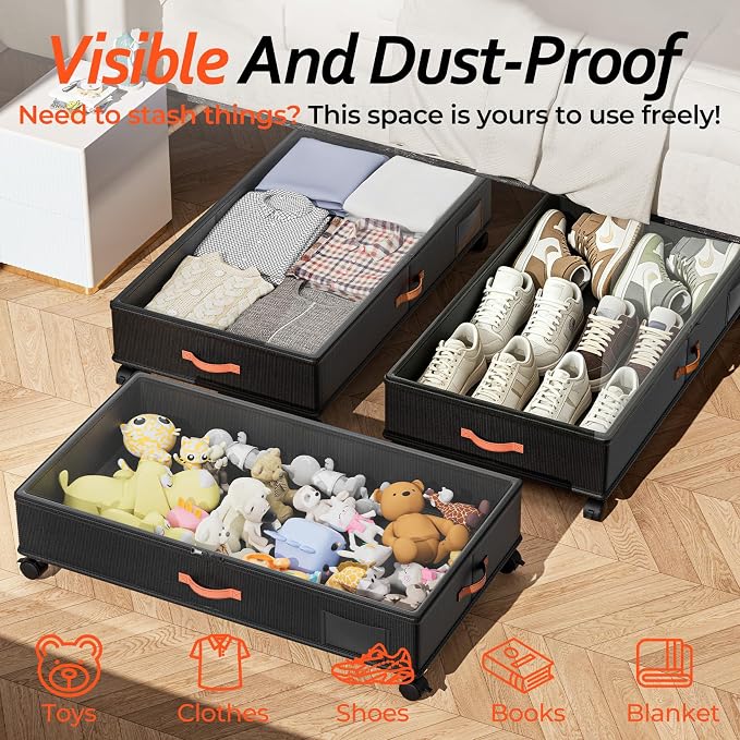 Under Bed Storage Containers - Stackable Plastic Storage Bins for Clothes, Shoes, and Household Items, Space-Saving, Clear