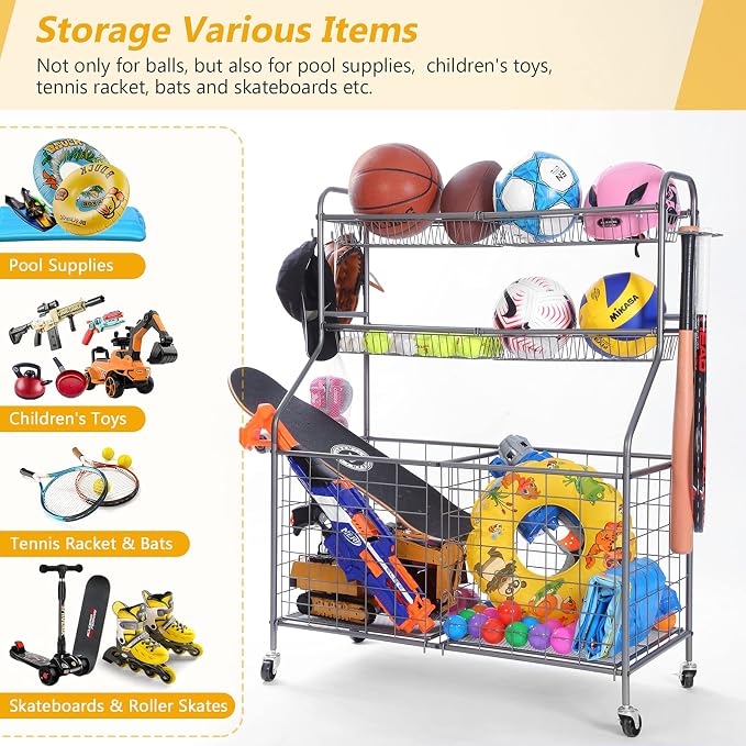 Kinghouse Garage Ball Organizer, Includes Storage Bin, Bat Holder, Hooks | Rolling Sports Equipment Organizer with Wheels, for Basketball, Toys, for Garage, Indoor, Gym, Outdoo