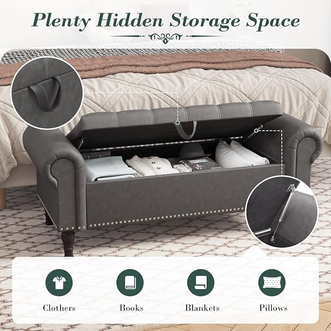 Apicizon 51” Bench with Storage, Upholstered Tufted Button Bedroom Bench with Storage, Faux Leather End of Bed Bench with Rolled Arms, Storage Ottoman Bench for Bedroom, Living Room, Entryway, Gray