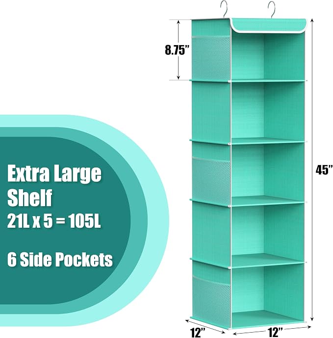 Simple Houseware 5 Shelf Hanging Closet Organizer, Turquoise | 360° Rotating Dual Hooks, Top Support Metal Frame, 6 Side Mesh Pockets