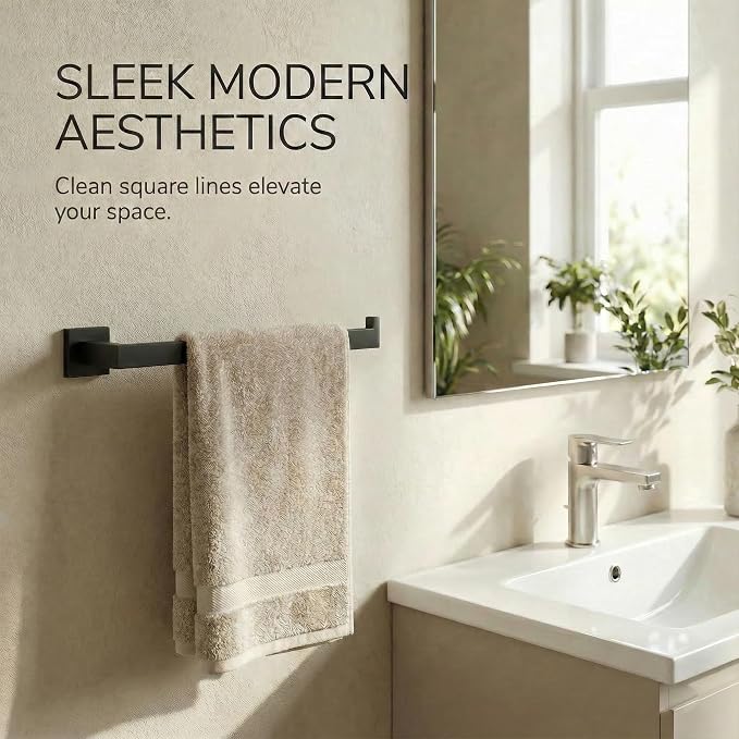 5-Piece Bathroom Hardware Set, 23.6 in Towel Bar, Matte Black | 304 stainless steel, towel ring, toilet paper holder, 2 robe hooks, wall-mounted, installation hardware included