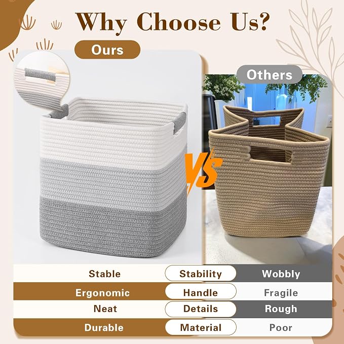12 Inch Storage Cubes, 3 Pack Cube Storage Bins for Organizing, Cotton Rope Woven Baskets for Shelves, Bathroom, Kids Room, Closets, Baby Nursery