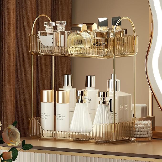 Akinbas 2 Tier Bathroom Organizer Countertop Makeup Perfume Tray Skincare Organizer for Bathroom Dresser Vanity (Gold)