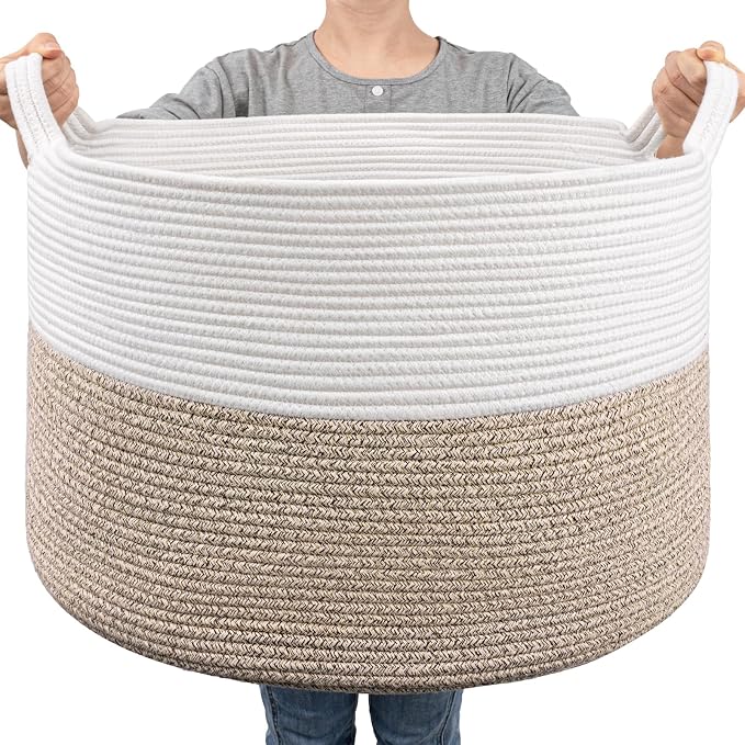 Goodpick Large Woven Basket for Blankets, Nursery & Living Room Decor, 85L | 21.7 x 21.7 x 13.8 In Toy Storage Basket for Nursery, Blanket Basket for Living room, Laundry Basket, Light Brown