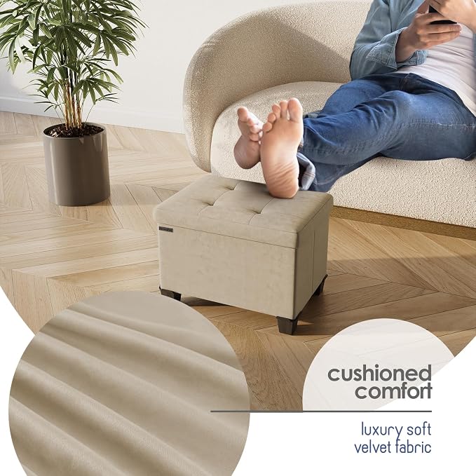 Storage Ottoman Cube with Small Bin, 16-in Square Ottoman with Storage for Living Room and Bedroom, Small Ottomans Foot Rest, Velvet Foot Stools Ottomans Max 330lbs, Beige