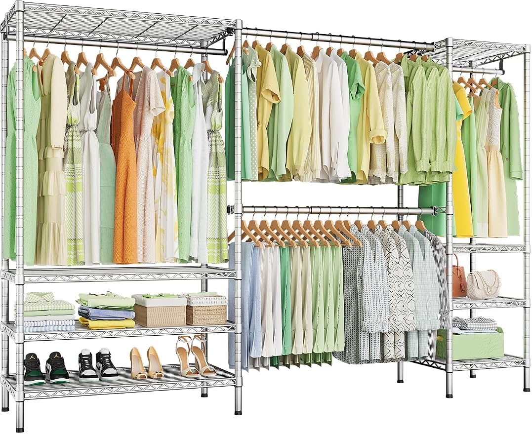 Ulif E11 Heavy-Duty Garment Rack, Metal Clothes Rack, Load 1034lbs, Chrome | Freestanding Expandable Closet Storage Organizer System with 8 Shelves and 4 Hanger Rods, (73.2-97.6)"W x 14.5"D x 71.2"H