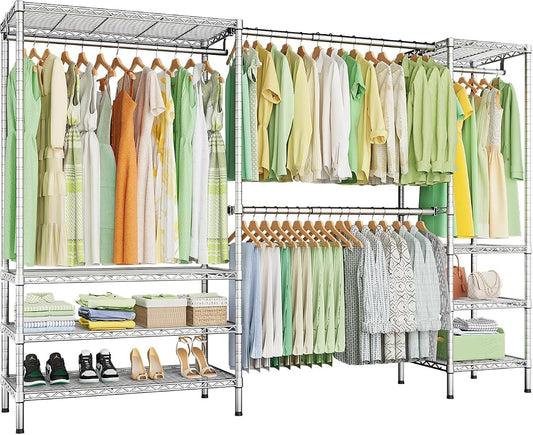 Ulif E11 Heavy-Duty Garment Rack, Metal Clothes Rack, Load 1034lbs, Chrome | Freestanding Expandable Closet Storage Organizer System with 8 Shelves and 4 Hanger Rods, (73.2-97.6)"W x 14.5"D x 71.2"H