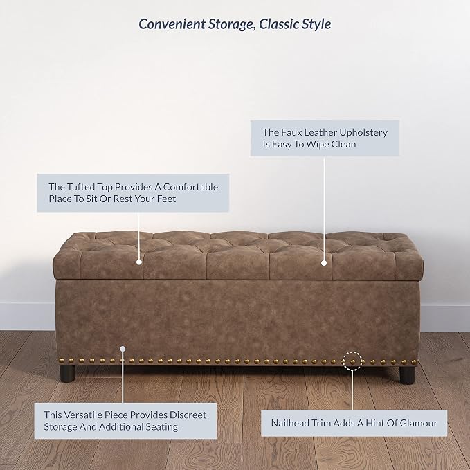 BELLEZE Storage Ottoman, Tufted Ottoman with Close Hinge, Foot Rest for Living Room (Rustic Brown, 47 inch)