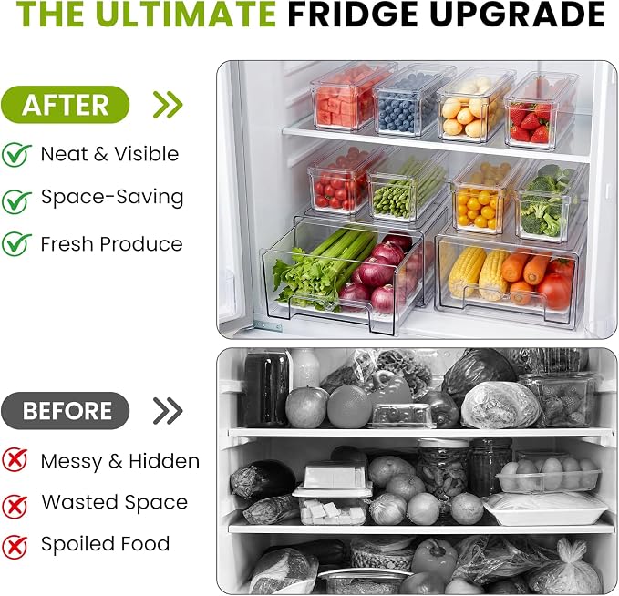 6Pack Fridge Organizers and Storage with Drain Trays,BPA-Free PET,Stackable | 6pack: 2 pull-out organizers & 4 containers with drain trays for fruit, vegetable, drink, snack food storage