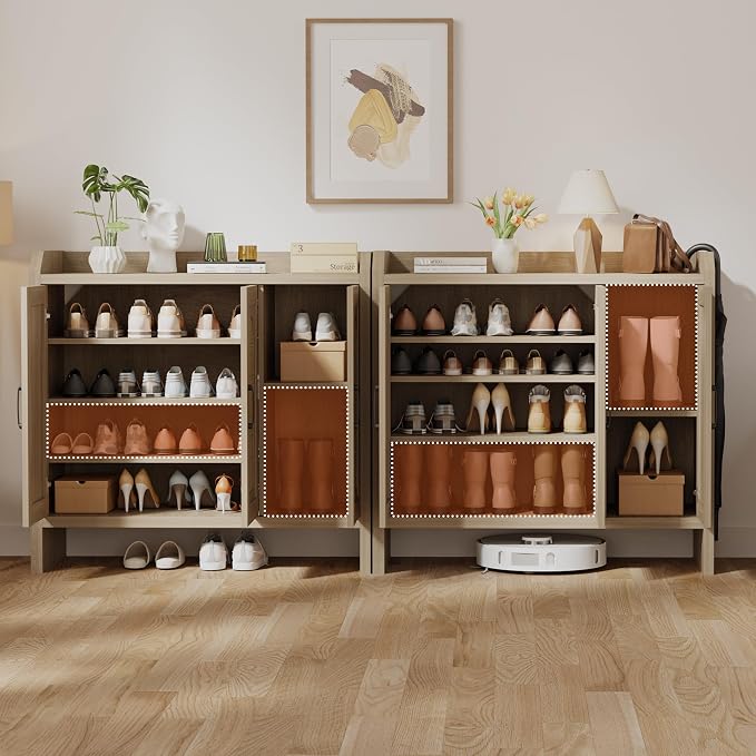 Rattan Shoe Storage Cabinet, Farmhouse Shoe Cabinets Storage for Entryway, Boho Wooden Shoe Rack with 3 Doors for Entryway, Hallway (Oak, 3 Door)
