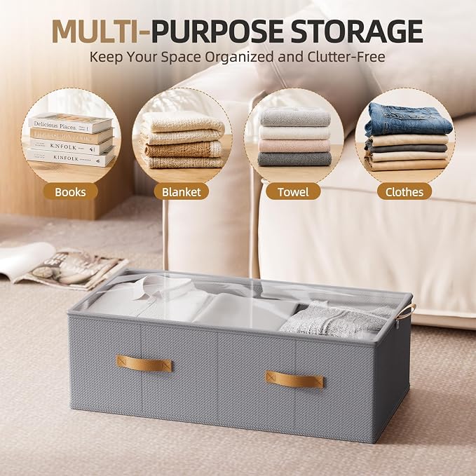 4 Pack Under Bed Storage Bins,10 Inch Tall, Light Gray, 31.5x15.8x10 inch | Underbed Clothes Storage Containers, Clear Window, For Closet, Bed Sheets and Blankets