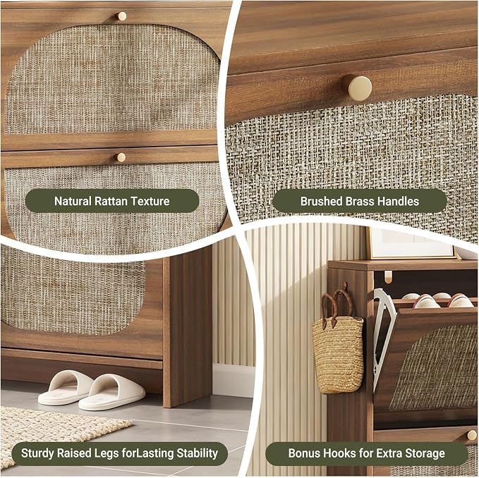 Nicetree Freestanding Ultra Slim Fluted Accent Shoe Storage Cabinet for Entryway - 4 Flip Drawers & 3-Tier Adjustable Shelves, Farmhouse Modern Rustic Shoe Rack for Hallway, Foyer, Living Room
