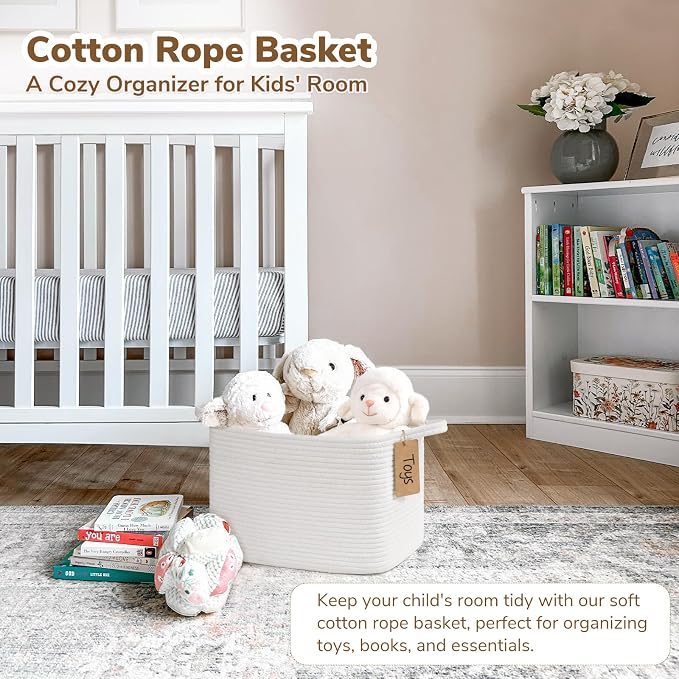 Goodpick Small Woven Rope Storage Basket for Shelves, White | 13 × 10 × 9 in, Rectangle, Handles, Shelf & Nursery Organization, Toys, Books, Towels & Daily Essentials Storage
