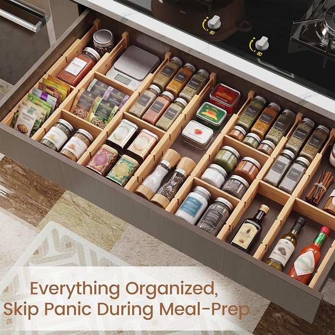 Bamboo Drawer Dividers 6 Pack with Inserts, Kitchen Adjustable Drawer Organizers for Home, Bedroom, Dresser, Expandable Organization 6 Dividers with 12 Inserts