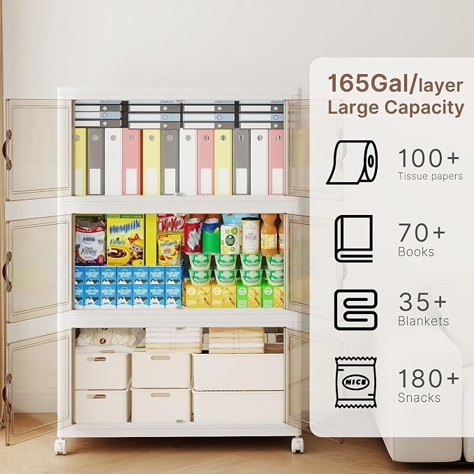752QT Extra Large Stackable Storage Bins with Lids & Wheels | & Door,Total 188Gal for 3-Tier set Foldable Collapsible Closet Organizers, Plastic containers drawers for bedroom Dorm