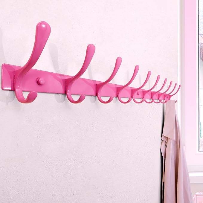 SKOLOO Coat Rack Wall Mounted - 10 Hooks, Heavy Duty, Stainless Steel, Metal Wall Hanger, Sturdy Coat Hooks for Hanging Coats, Jackets, Clothes, Hats - Pink
