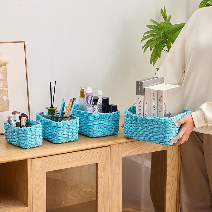 4PCS Woven Storage Baskets Set, Small Baskets for Organizing, Square Handwoven Paper Rope Organizer Bins for Shelves and Home Storage (Blue & Pink)