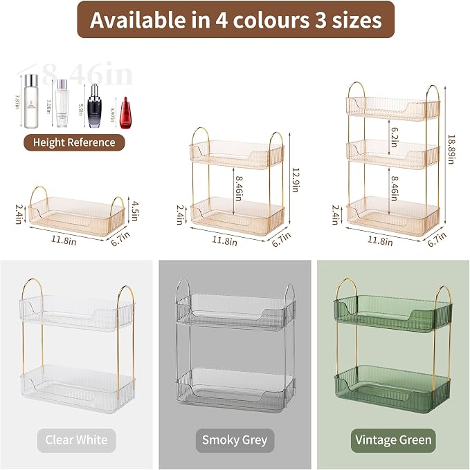 YCIA&DONE Bathroom Organizer Countertop, Makeup Storage, Skincare Cosmetic Tray Shelf, Perfume Holder Rack for Vanity Counter, Large Capacity, Easy to Install, Clean, 2 Tiers, Amber Gold