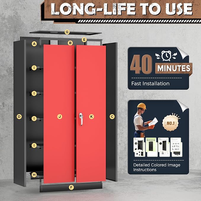 INTERGREAT Metal Storage Cabinet, 72” H Storage Cabinet with 2 Doors and 4 Adjustable Shelves for Office, Home, Garage, Pantry (Assembly Required, Black Red)