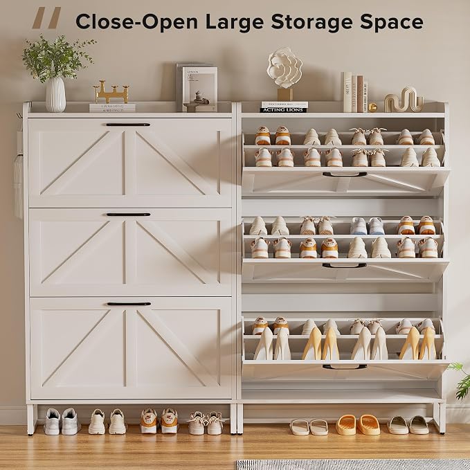 EOYUTLLY Shoe Cabinet Storage for Entryway, Narrow Shoe Rack with 3 Flip Drawers, Freestanding Hidden Shoe Rack Storage Organizer, Slim Shoe Cabinet White with Metal Legs