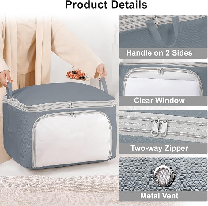 Comforter Storage Bag - 130L Blanket Storage Bags Front-opening Ultra Space Saving Self Compression Organizer, Washable Compression Bags for Storage Comforter Blanket, 2 Pack, Grey