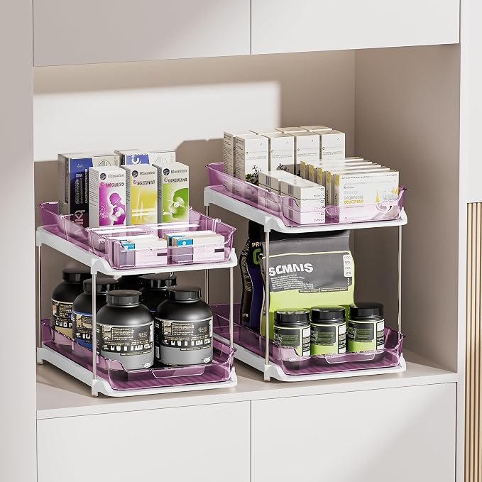 Delamu 2-Tier Multi-Purpose Bathroom Under Sink Organizers and Storage, Stackable Kitchen Pantry Organization, Pull Out Medicine Cabinet Organizer with Movable Dividers, Purple, 2 Pack