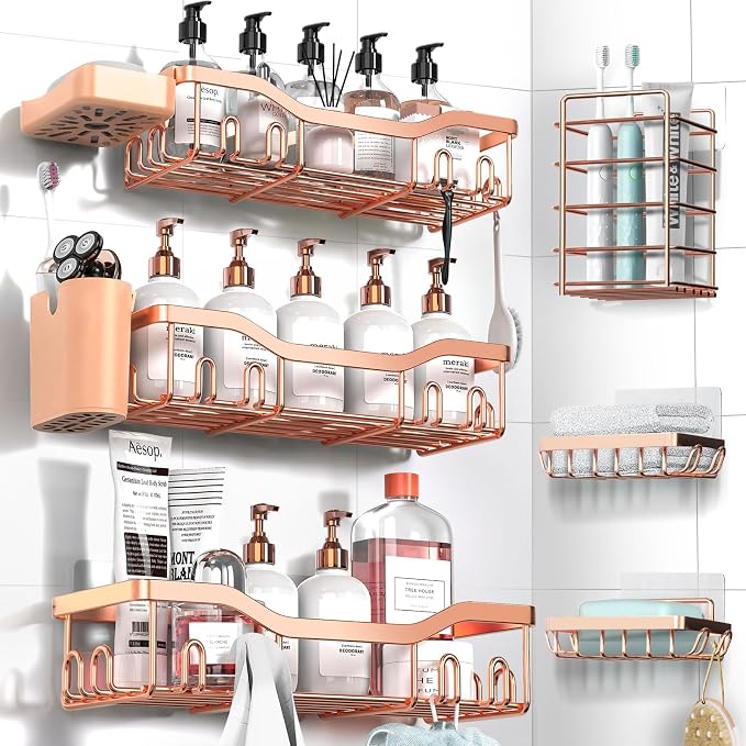 NESOMI Shower Caddy Adhesive Shower Organizer 8-Pack, Rustproof Stainless Steel Bathroom Shelves, Large Capacity No-Drill Rack Storage Accessories with Soap Dish Toothbrush Holder Hooks