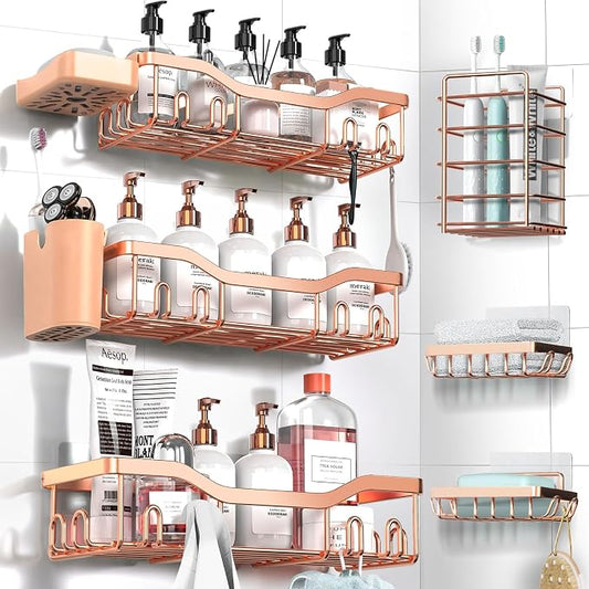 NESOMI Shower Caddy Adhesive Shower Organizer 8-Pack, Rustproof Stainless Steel Bathroom Shelves, Large Capacity No-Drill Rack Storage Accessories with Soap Dish Toothbrush Holder Hooks