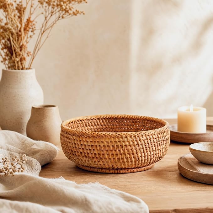 9.3" Rattan Storage Basket – Handmade Decorative Wicker Basket, Home Organization Natural Bread Basket Fruit Bowl Accessories Stationery Storage, Tabletop Bathroom Office Organizer (M, 9.3" x 3.1")