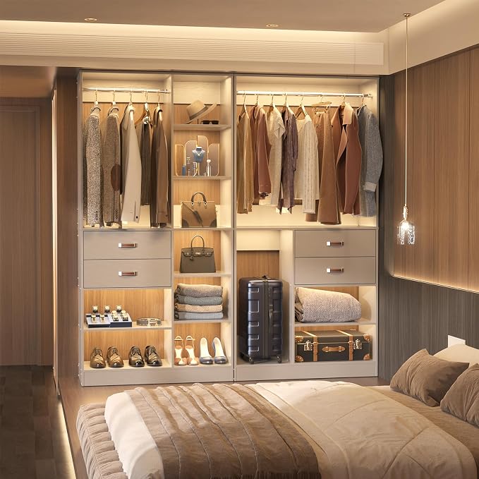 Freestanding Closet System, 40 Inches Stand-Alone Wardrobe with 10 Shelves, 80'' Height Adjustable Cloth Garment Rack with 2 Wood Drawers, Wood Walk-in Closet with Hanging Rod, Grey