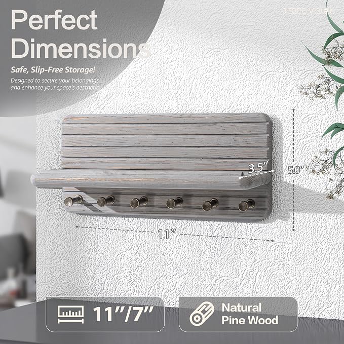 Rebee Vision Pine Wood Key Holder Wall Mount for Entryway, Distressed Gray | Wooden Key Holder for Wall with 6 Hooks, Floating Shelf, Mail Organizer, Farmhouse Home Organization Accent
