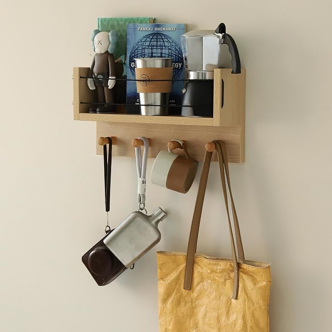 Entrance Coat Rack ，Coat Hooks, Wall-Mounted Wooden Hook Rack, Wall-Mounted Shelves are Very Suitable (Oak Color Finish-B-1)