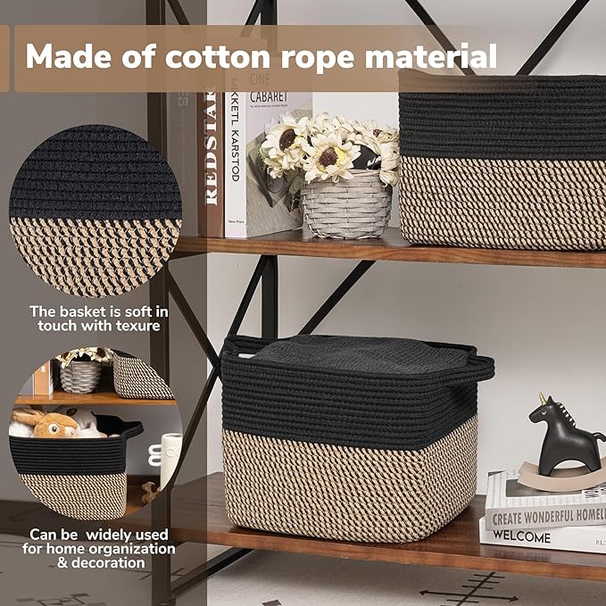 Goodpick Woven Storage Basket for Shelves, 13" x 10" x 9", Black Jute | Stylish Gift Basket for Office & Home, Wicker Baskets for Books, Toys & Towels Storage, Nursery & Bedroom Closet Organization