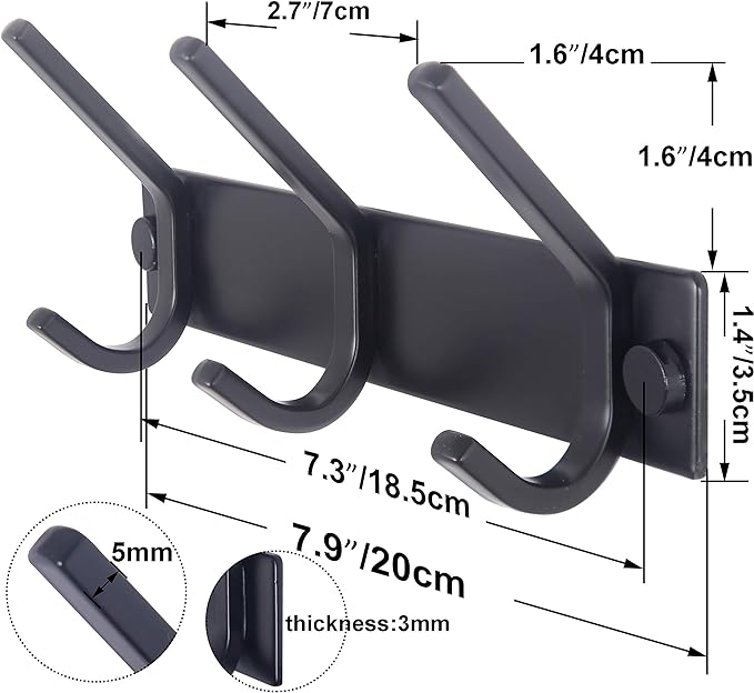 WEBI Coat Rack Wall Mounted,3 Coat Hooks for Hanging Coats,Heavy Duty Metal Hook Rack Hook Rail Coat Hanger Wall Coat Rack with Hooks for Clothes Entryway Jacket,Black