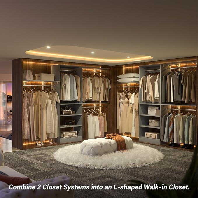 8FT Closet System with 3 Wooden Storage Shelves, 96'' Closet Organizer System with 3 Hanging Rods, Wall Mount Bedroom Wardrobe Walk-in Closet, Adjustable Garment Rack from 5 to 8FT (Cut to Fit), Grey