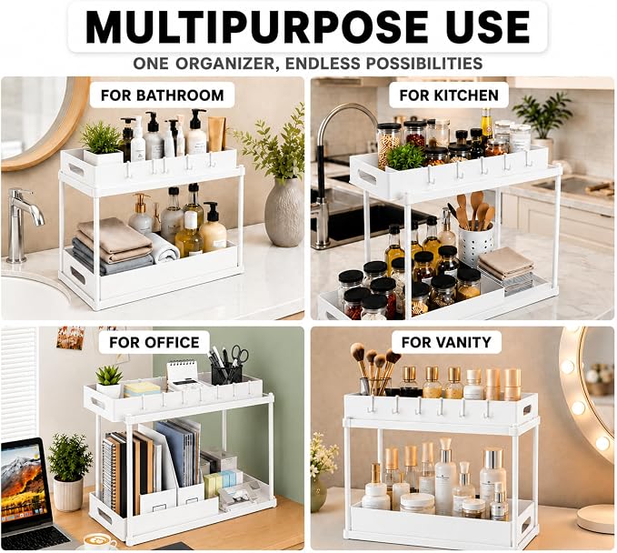 Expandable Under Sink Organizer_2 Tier Under Cabinet Organizer - Double Pull Out Shelf Under Sink Storage for Kitchen, Bathroom and Laundry Room - Multipurpose Space Saving Organizer (White)
