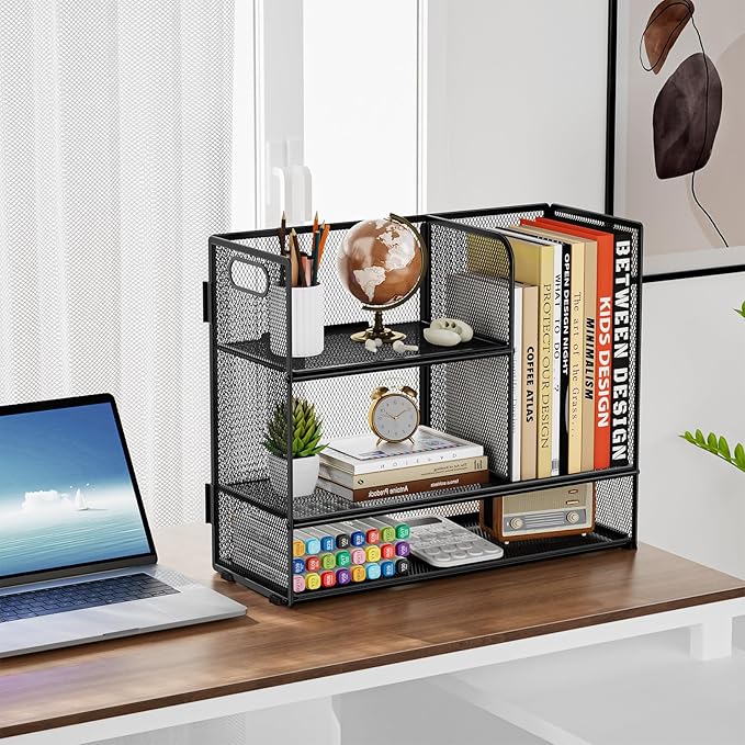Marbrasse Desk Shelf Organizer with Handle, Bookshelf File Holder, Black | 3-Tier Desktop Mesh Display Shelf Organizer Storage Rack for Office, Home, Supplies, Kitchen