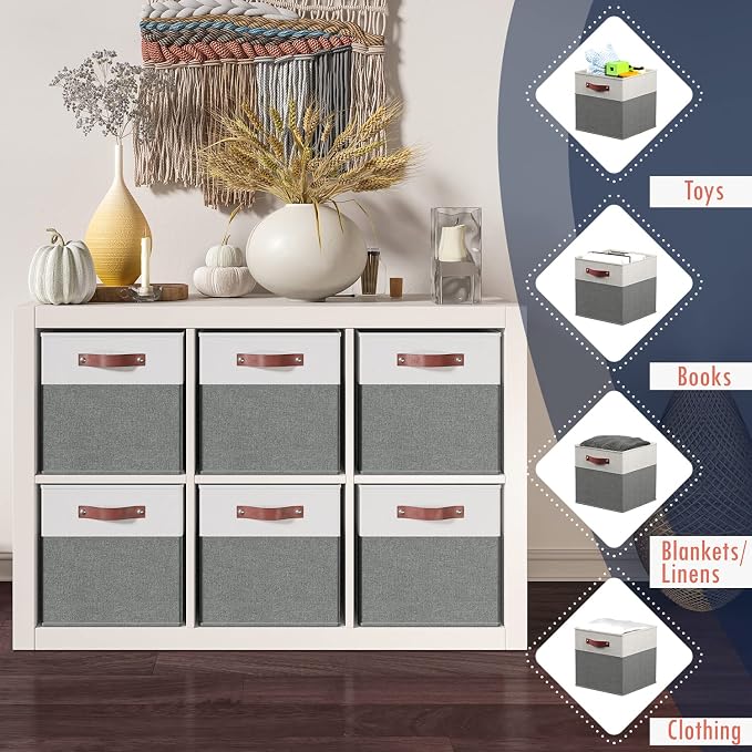 Ornavo Home 11x11 Foldable Fabric Storage Cube Bins, 6 Pack, White/Gray | Collapsible Linen Shelf Basket Organizer; Leather Handles; Ideal Cube Storage For Closet