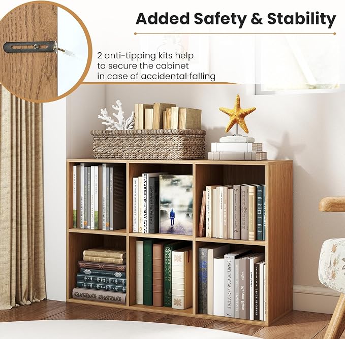 Giantex 6-Cube Bookcase, 3-Tier Cubby Bookshelf, Horizontal Vertical Display Rack with Anti-Tipping Kits, Modern Storage Organizer Shelf Unit for Bedroom, Living Room, Study Room, Natural | Horizontal Vertical Display Rack with Anti-Tipping Kits, Moder...