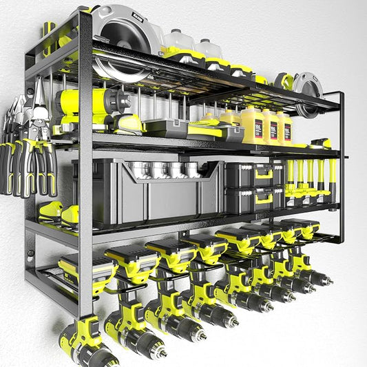 Power Tool Organizer-8 Drill Holder Wall Mount,4 Layer Heavy Duty Metal Power Tool Storage Rack,Garage Tool Organizer and Storage with Screwdriver Holder/Plier Holder/Hammer Holder